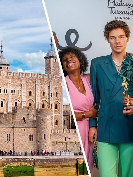 Tower of London exterior and visitors at Madame Tussauds London.
