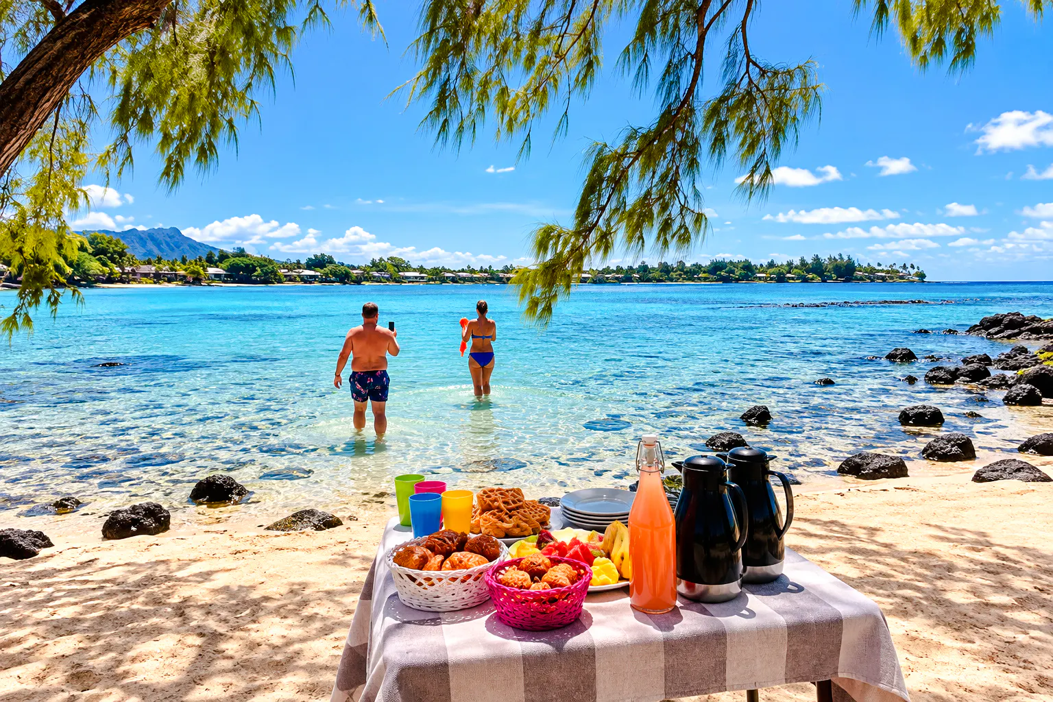 Brunch setup on Mahebourg beach with people snorkeling in Mauritius.