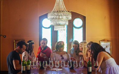 Wine tasting session in Saint-Emilion with a group of people under a chandelier.