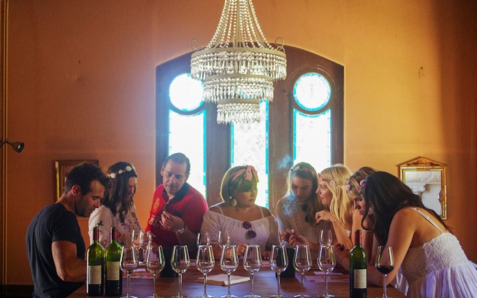 Wine tasting session in Saint-Emilion with a group of people under a chandelier.
