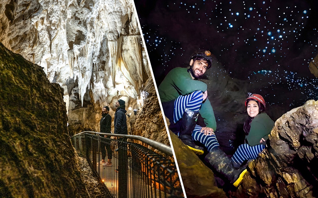 Visitors exploring Ruakuri Cave formations and Waitomo Glowworm Caves' glowing lights.