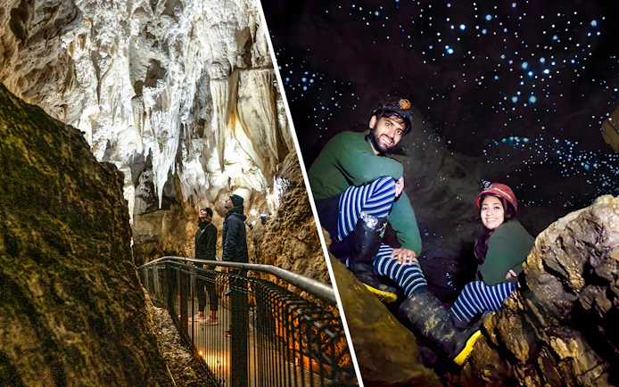 Visitors exploring Ruakuri Cave formations and Waitomo Glowworm Caves' glowing lights.