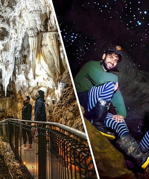 Visitors exploring Ruakuri Cave formations and Waitomo Glowworm Caves' glowing lights.