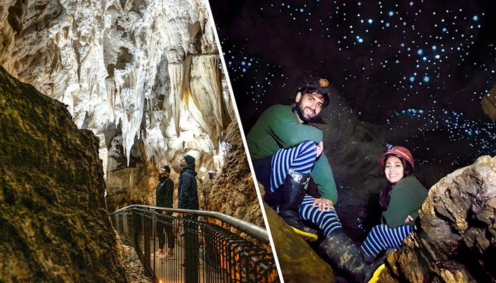 Visitors exploring Ruakuri Cave formations and Waitomo Glowworm Caves' glowing lights.
