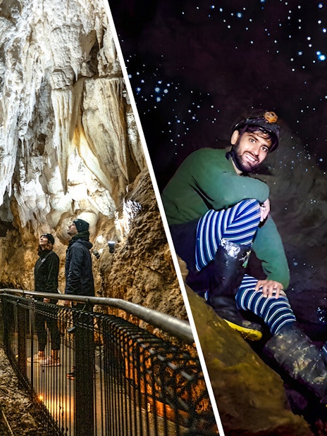 Visitors exploring Ruakuri Cave formations and Waitomo Glowworm Caves' glowing lights.