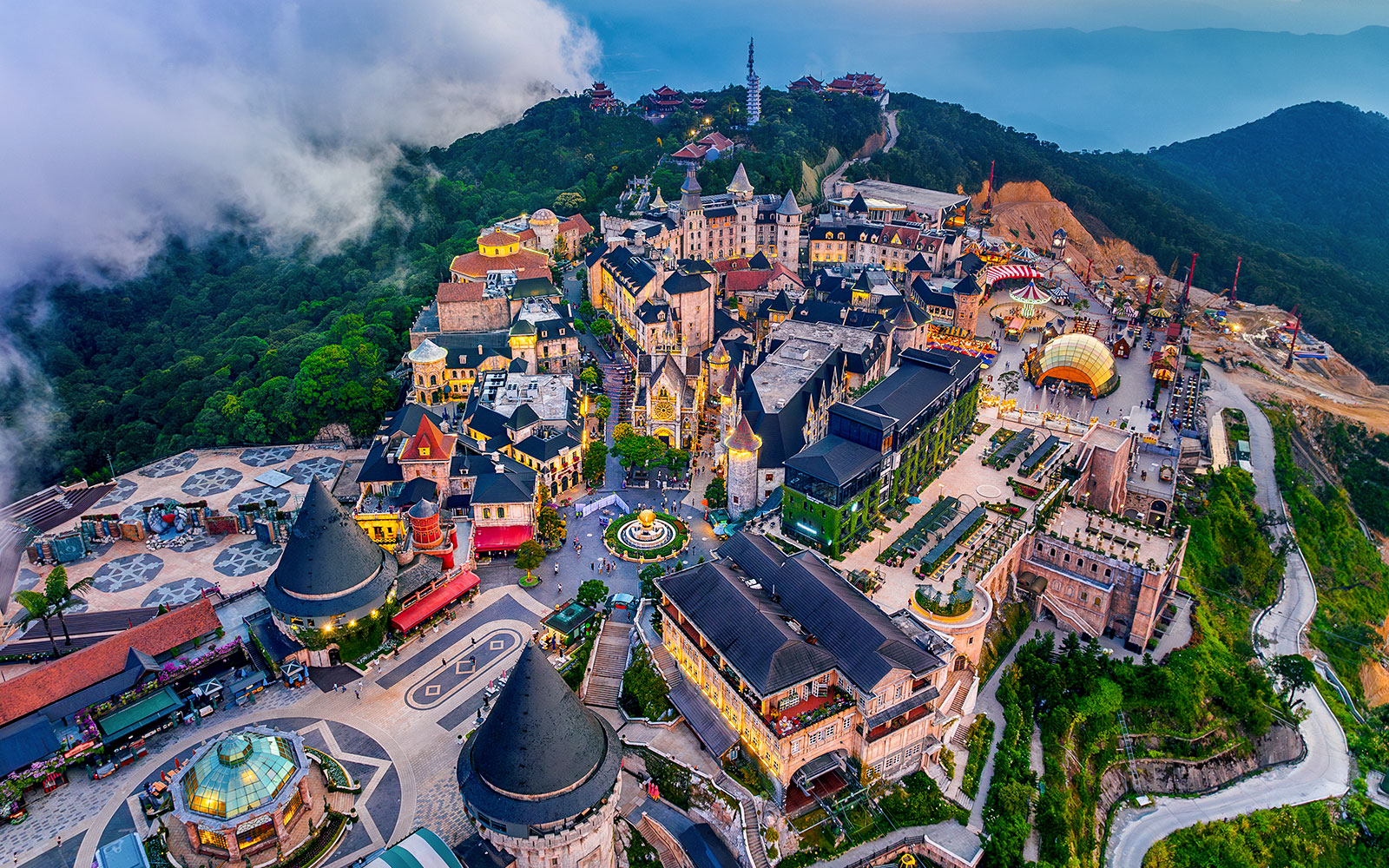 Aerial view of French village architecture at Bana Hills, Da Nang, Vietnam.