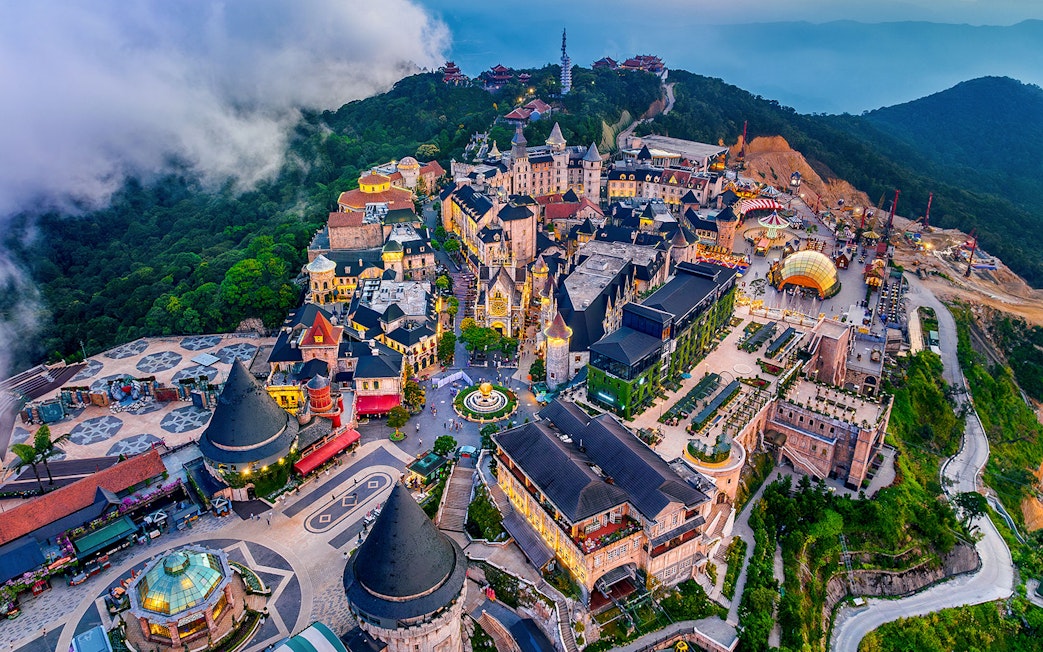 Aerial view of French village architecture at Bana Hills, Da Nang, Vietnam.