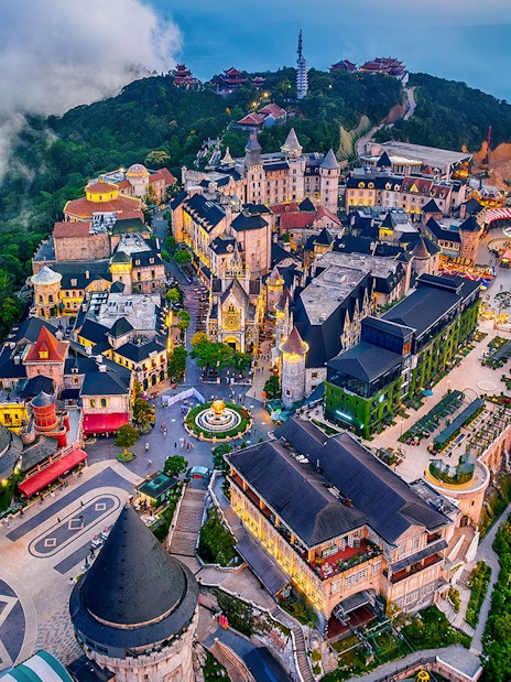 Aerial view of French village architecture at Bana Hills, Da Nang, Vietnam.