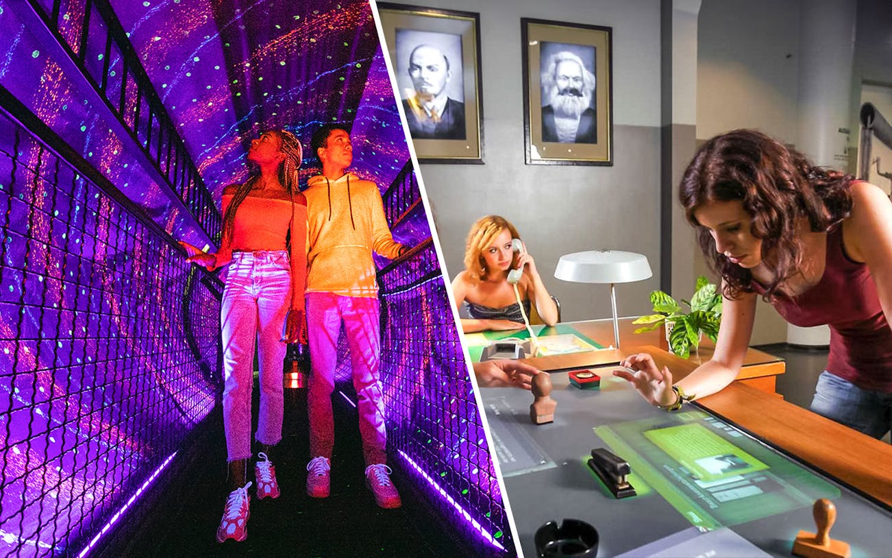 Visitors exploring Illuseum Berlin's light tunnel and DDR Museum's interactive exhibit.