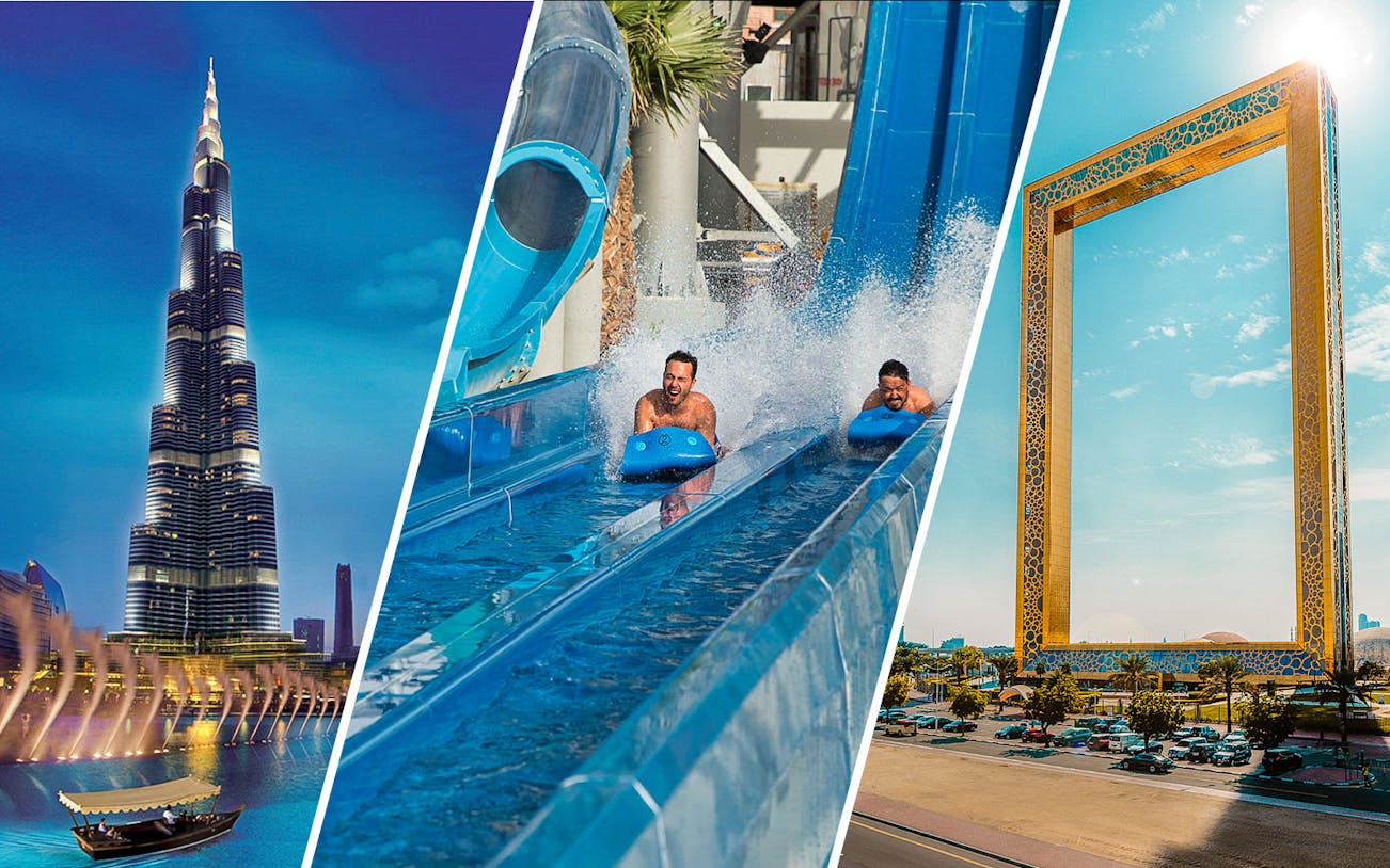 Burj Khalifa, Laguna Waterpark slide, and Dubai Frame in Dubai.