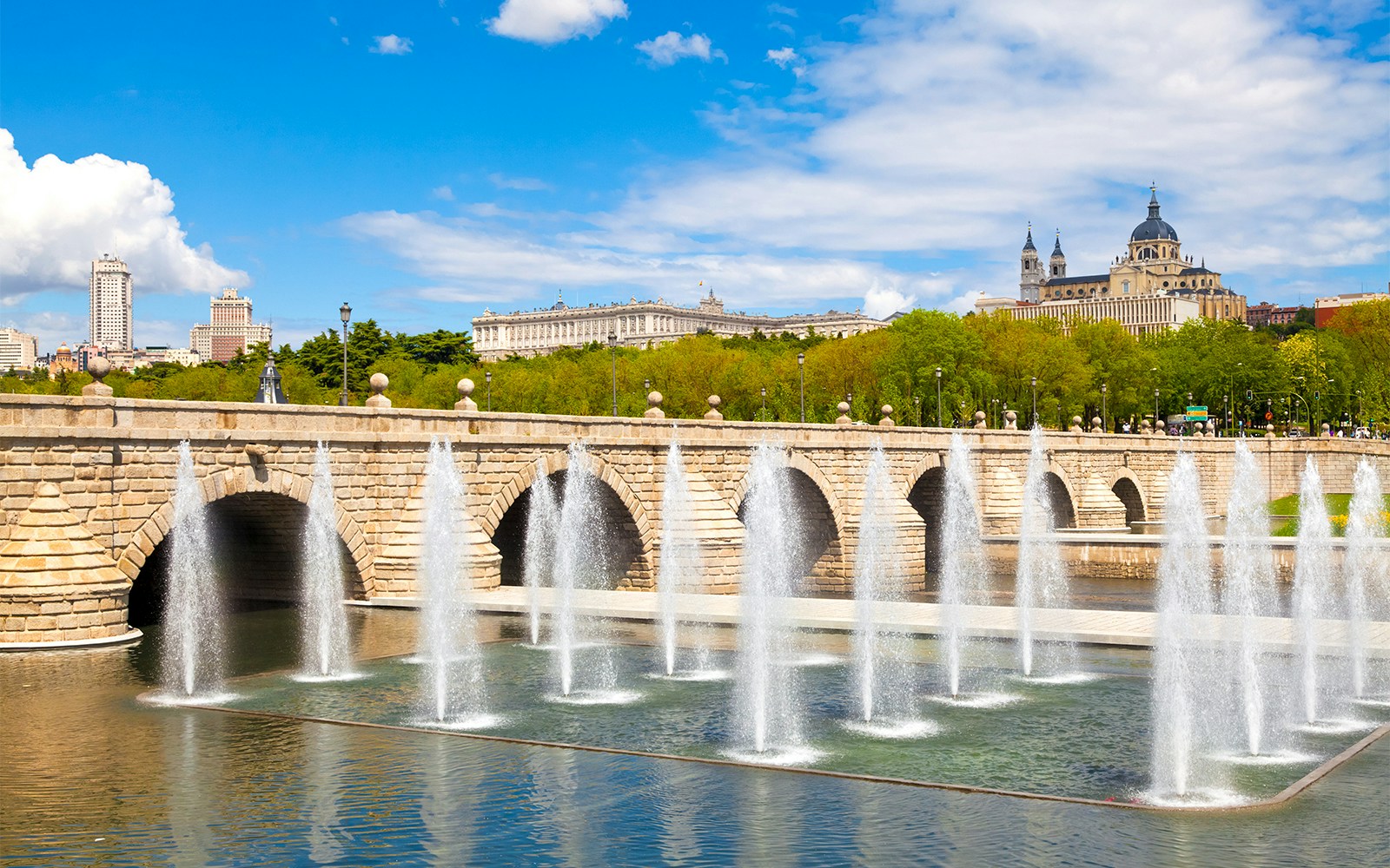 Madrid Skyline with Segovia Bridge, Almudena Cathedral and Royal Palace 