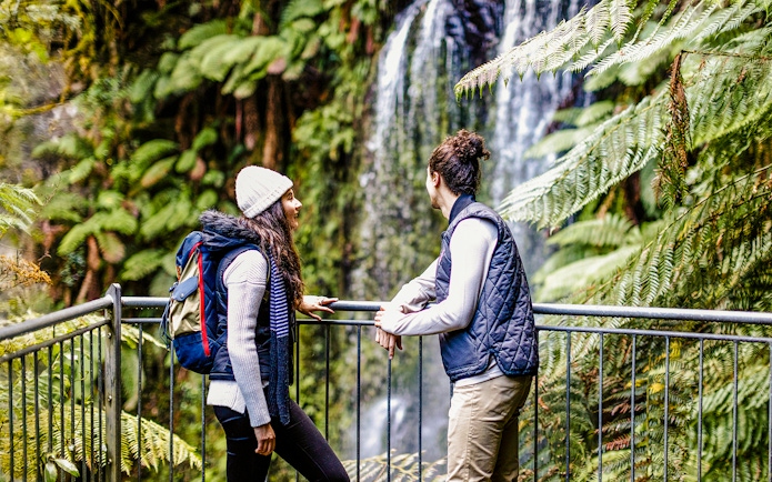 Tourists enjoying a forest walk near a waterfall on the Great Ocean Road day tour.