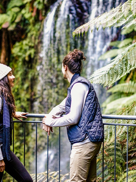 Tourists enjoying a forest walk near a waterfall on the Great Ocean Road day tour.