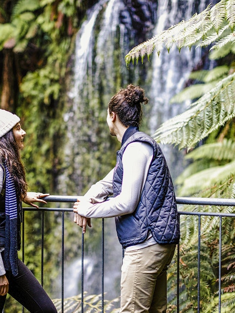 Tourists enjoying a forest walk near a waterfall on the Great Ocean Road day tour.