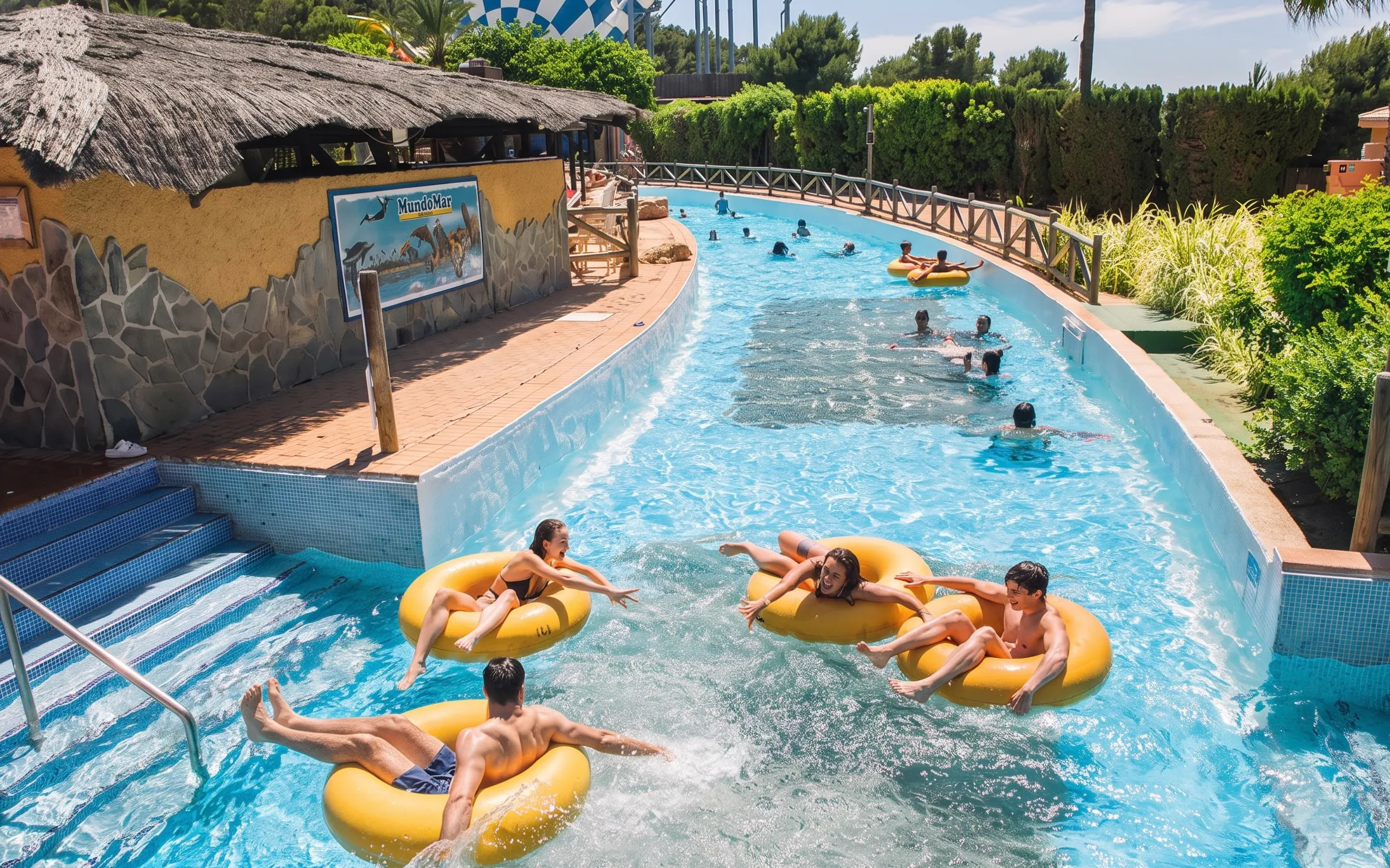 Visitors enjoying the lazy river at Aqualandia Benidorm, Spain.