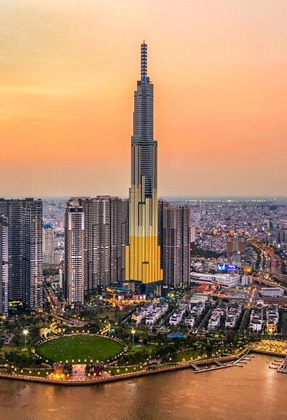 Aerial view of Landmark 81 in Ho Chi Minh City at sunset.