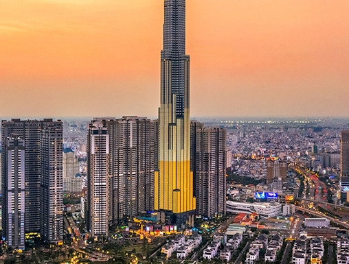Aerial view of Landmark 81 in Ho Chi Minh City at sunset.