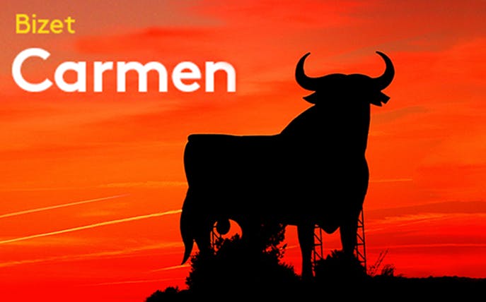 Silhouette of a bull against a red sunset sky with the word "Carmen" in bold white letters.