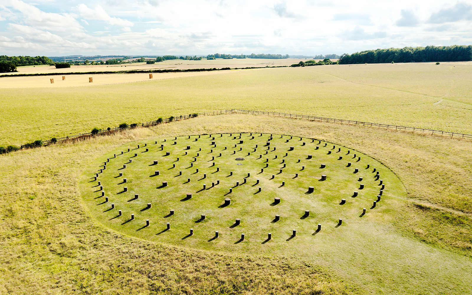 Aerial view of Woodhenge, circular arrangement of wooden posts in a grassy field, Wiltshire, England.