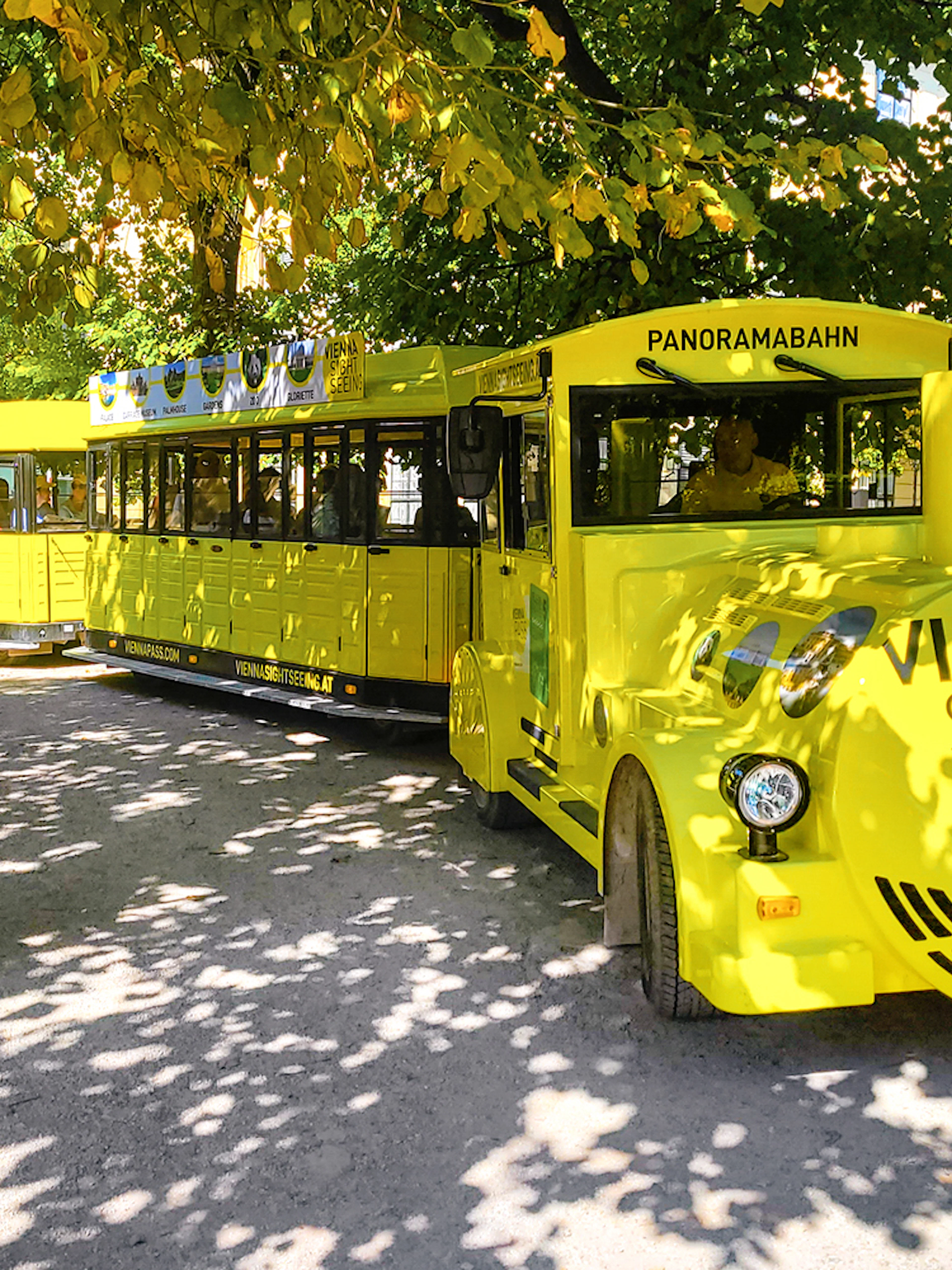 Schönbrunn Palace Panorama Train in Vienna park setting.