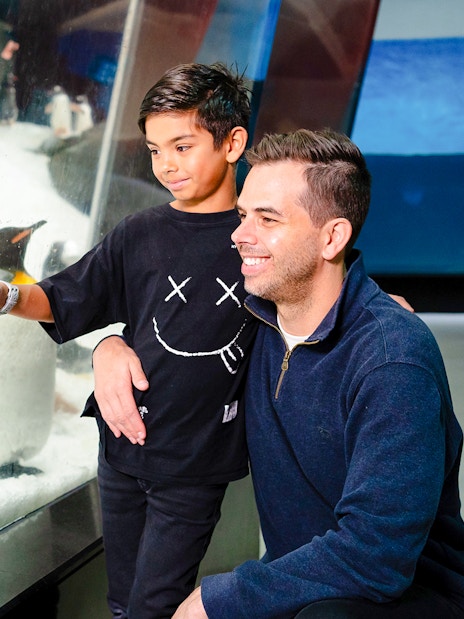 Child and adult observing penguins at SEA LIFE Melbourne.