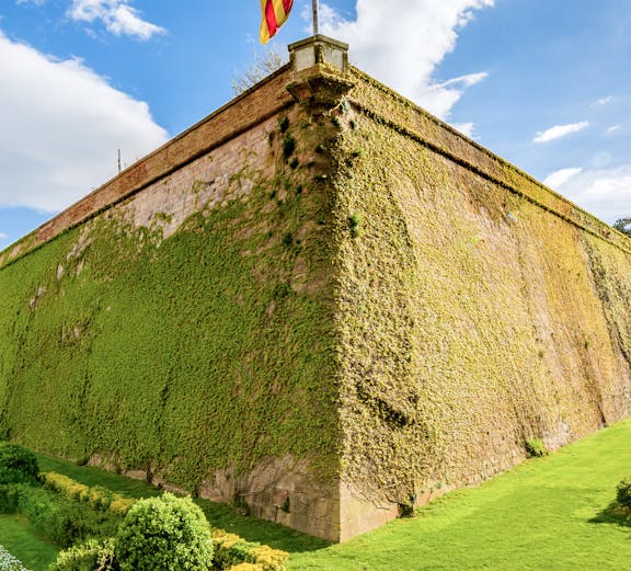 Montjuic Castle wall covered in ivy with Catalonia flag, Barcelona.