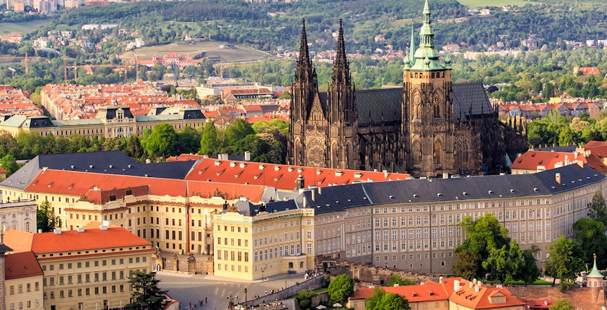Prague Castle aerial view with St. Vitus Cathedral, Czech Republic.