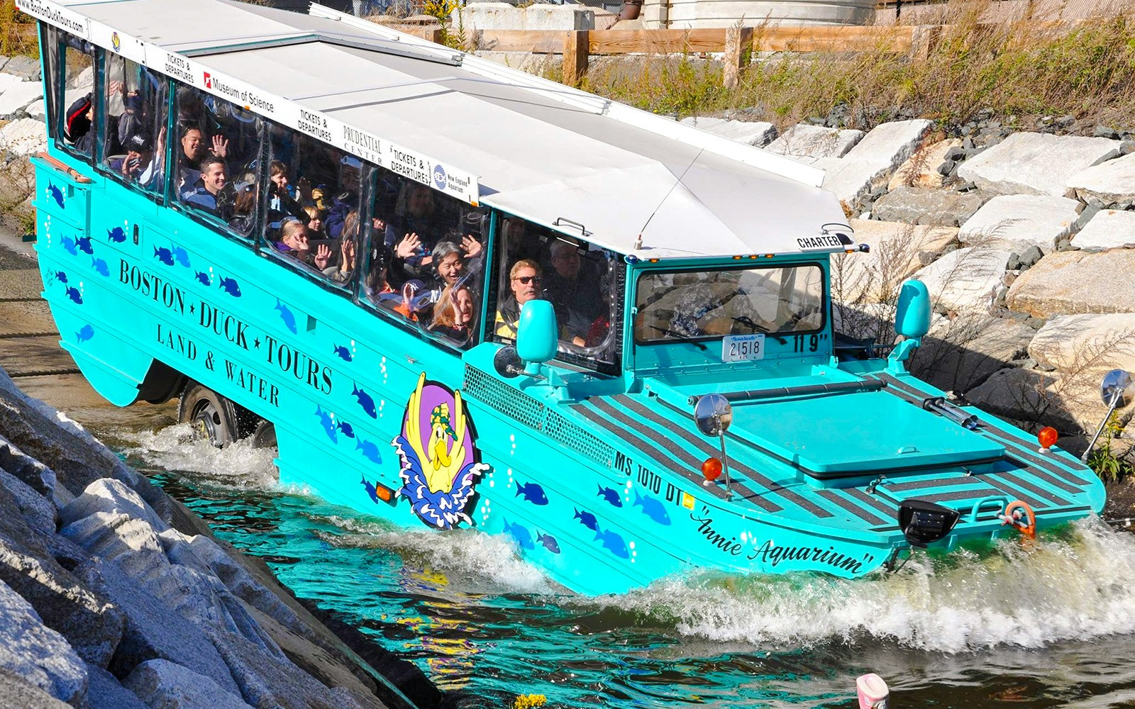 Boston Duck Tours amphibious vehicle entering water with passengers waving.