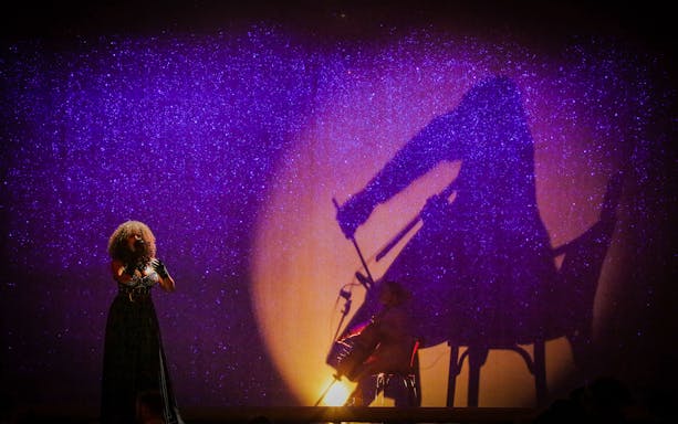 Performer singing with shadow of cellist at Paradis Latin festive show.
