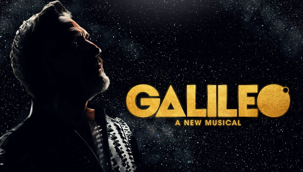 Galileo musical poster with starry background, Broadway production.