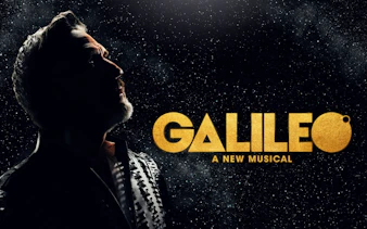Galileo musical poster with starry background, Broadway production.