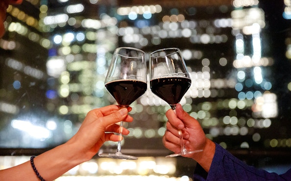 Toasting wine glasses against New Jersey cityscape on a signature cruise.