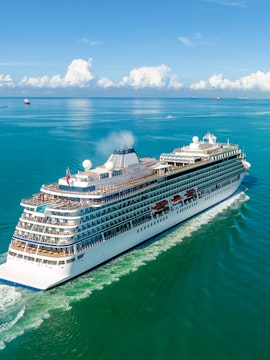 Luxury white cruise ship sailing on clear blue ocean waters.