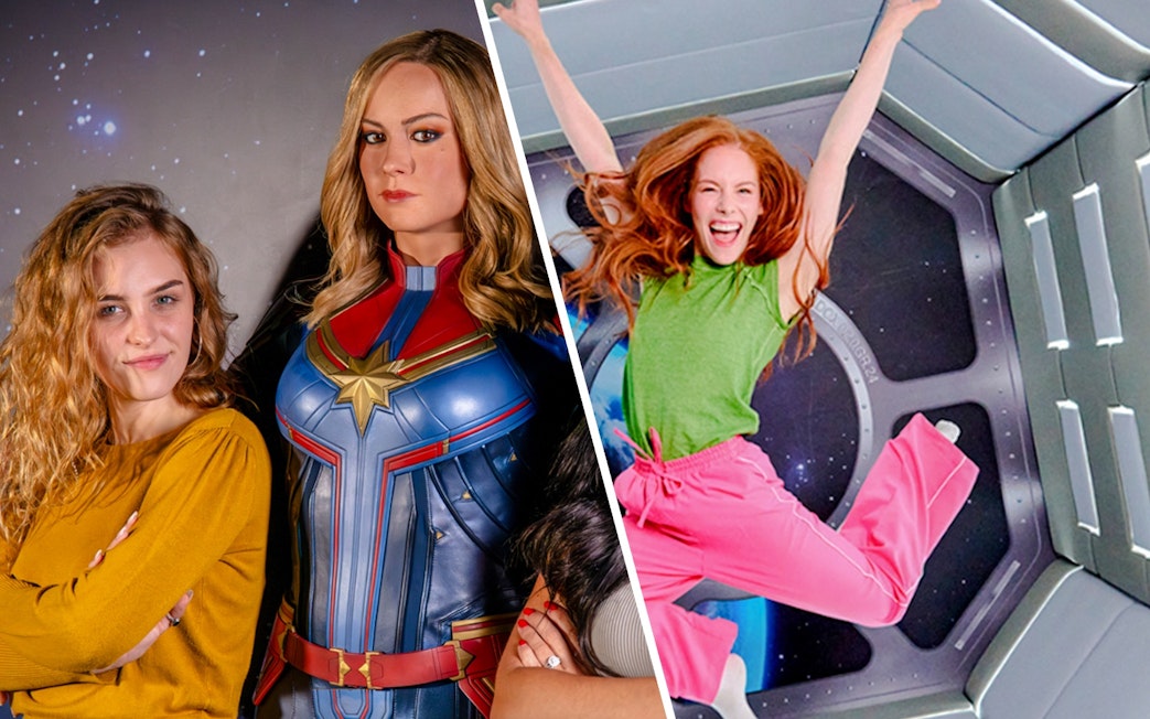 Guest posing with superhero figure at Madame Tussauds London and jumping in Paradox Museum exhibit.