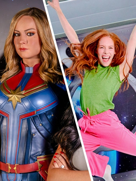 Guest posing with superhero figure at Madame Tussauds London and jumping in Paradox Museum exhibit.