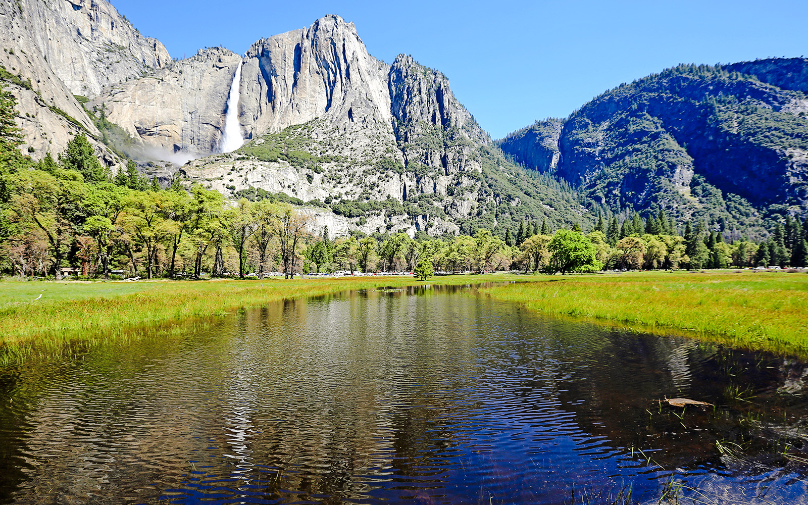 Flooded Cooks Meadow with Yosemite Falls in the background, Yosemite National Park.