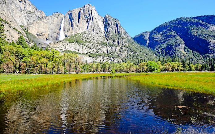 Flooded Cooks Meadow with Yosemite Falls in the background, Yosemite National Park.