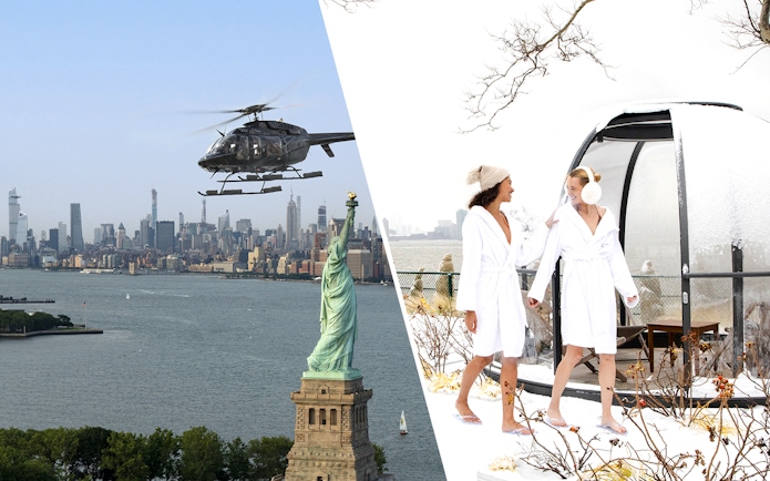 Helicopter over Statue of Liberty and two people in robes at QC New York spa.