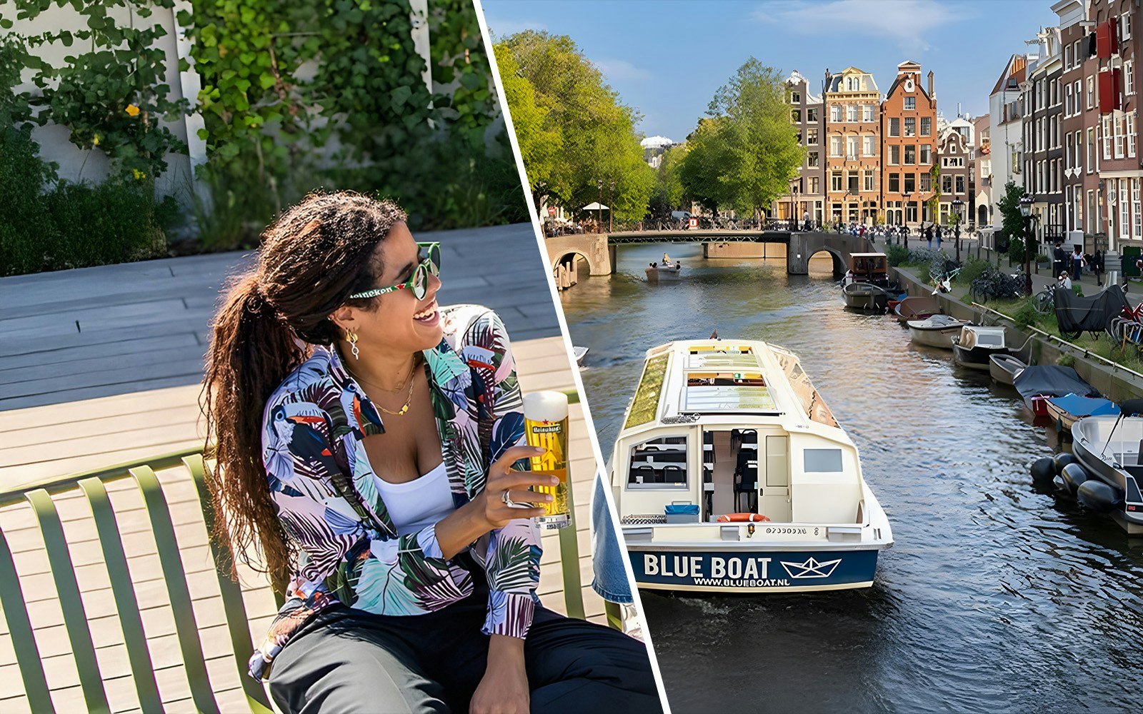 Heineken Experience building and Blue Boat Canal Cruise on Amsterdam's canal.