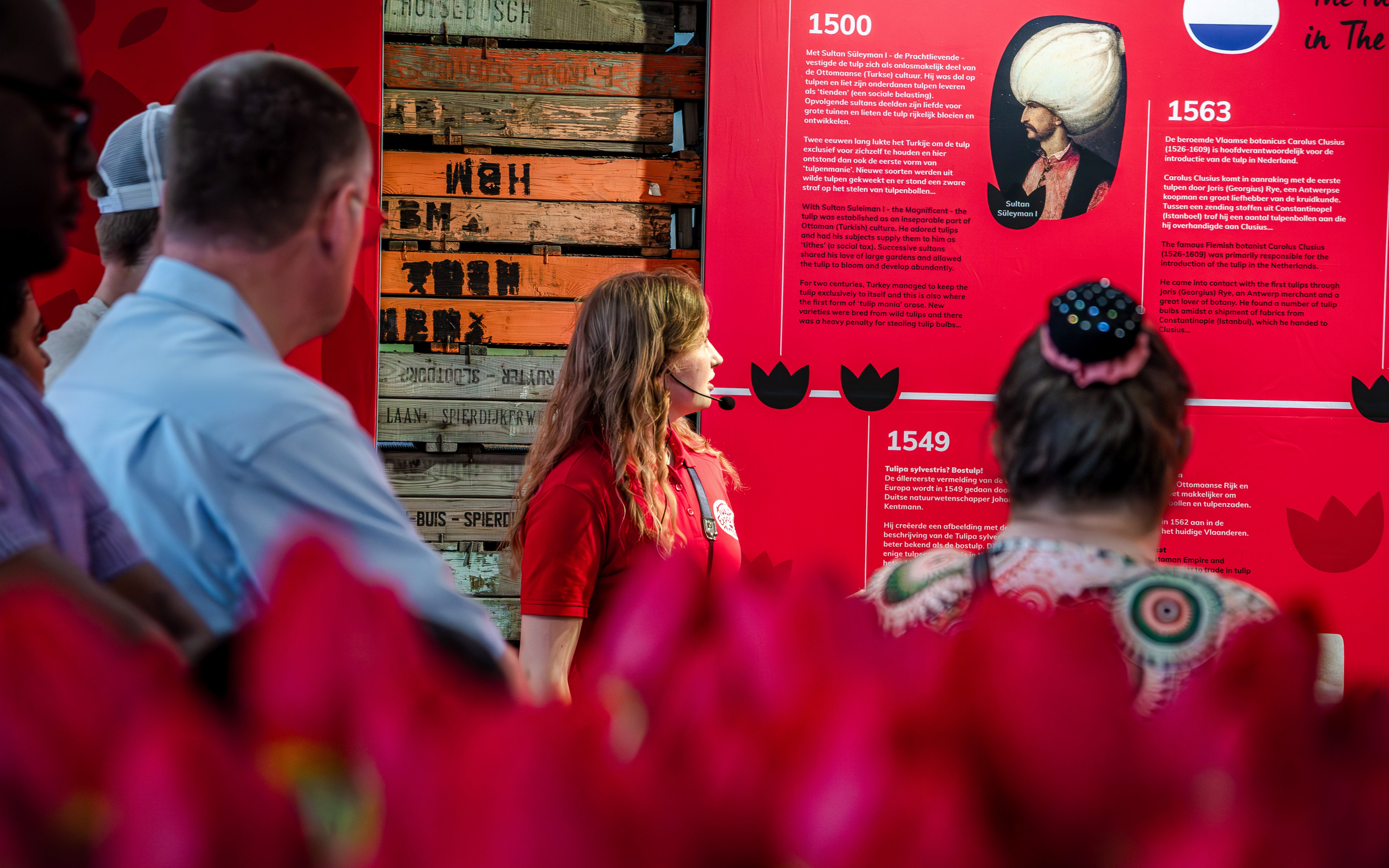 Tour guide explaining tulip history at Tulip Experience Amsterdam exhibit.