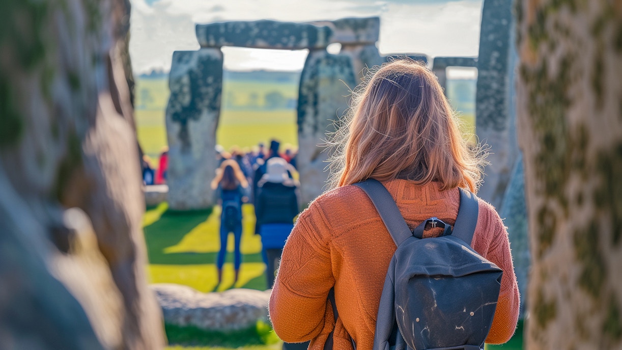 Visitor exploring Stonehenge inner circle with a group, Wiltshire, England.