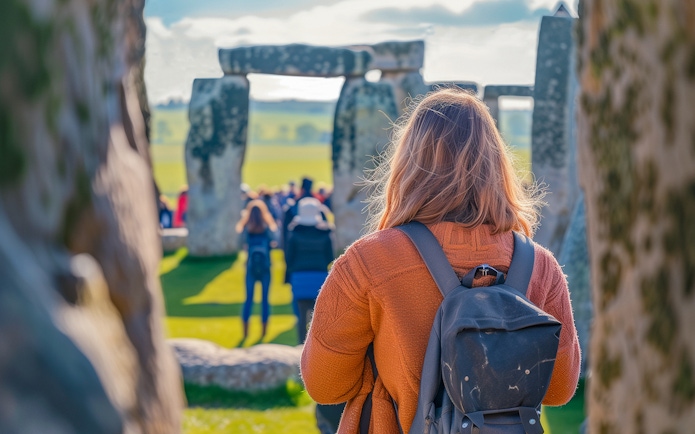 Visitor exploring Stonehenge inner circle with a group, Wiltshire, England.