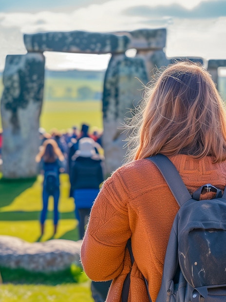 Visitor exploring Stonehenge inner circle with a group, Wiltshire, England.