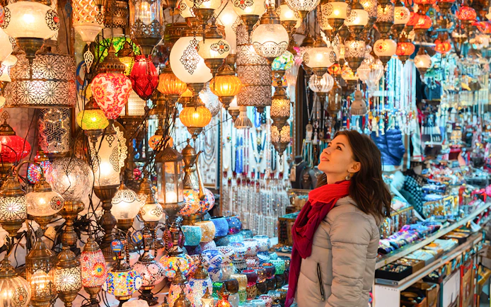 Colorful lanterns in Istanbul market, part of Vip Hop On Hop Off tour.