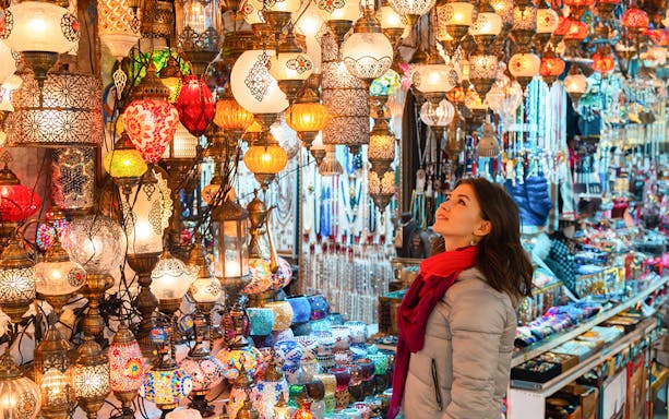 Colorful lanterns in Istanbul market, part of Vip Hop On Hop Off tour.