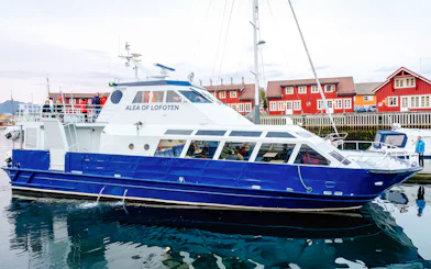 Cruise boat Alea of Lofoten docked in Trollfjord, Norway with red buildings in background.