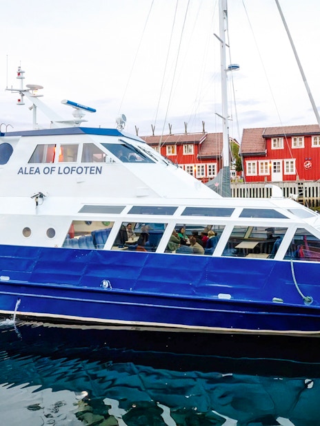 Cruise boat Alea of Lofoten docked in Trollfjord, Norway with red buildings in background.