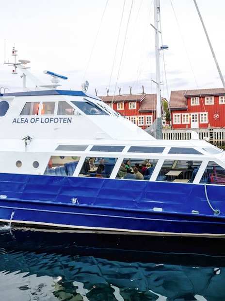 Cruise boat Alea of Lofoten docked in Trollfjord, Norway with red buildings in background.