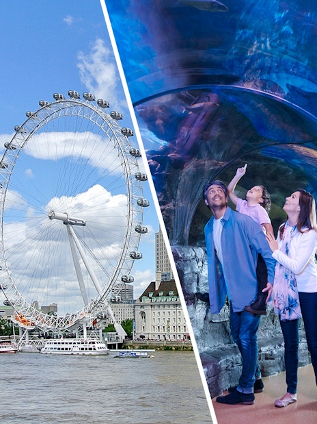 London Eye and family exploring SEA LIFE London Aquarium tunnel.