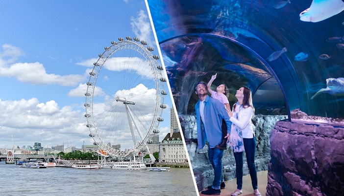 London Eye and family exploring SEA LIFE London Aquarium tunnel.